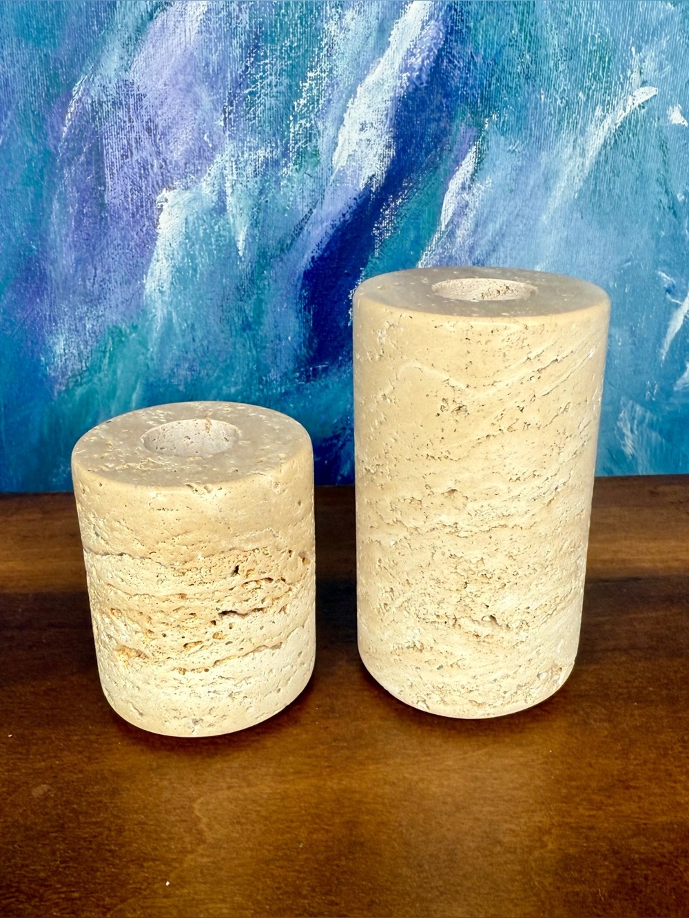 Travertine Candle Holder Pair of 2 for Taper or Dinner Candles Vintage Marble